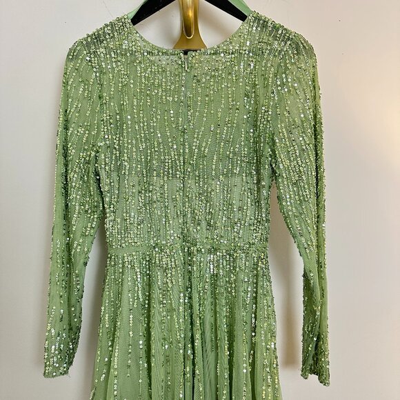 MAC DUGGAL Green Illusion High Neck Long Sleeve Embellished Gown Sage Size US 6 - Picture 11 of 16